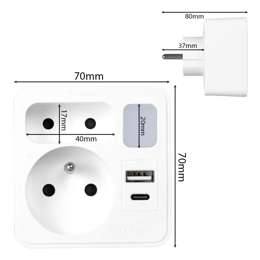 Razdjelnik s 2 utičnicama + USB-C + USB-A i LED osvjetljenjem LED/0,5W/230V 3000K
