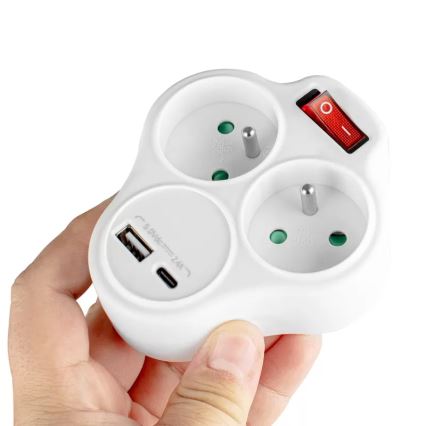 Produžni razdjelnik s prekidačem, 2 utičnice + USB-C + USB-A