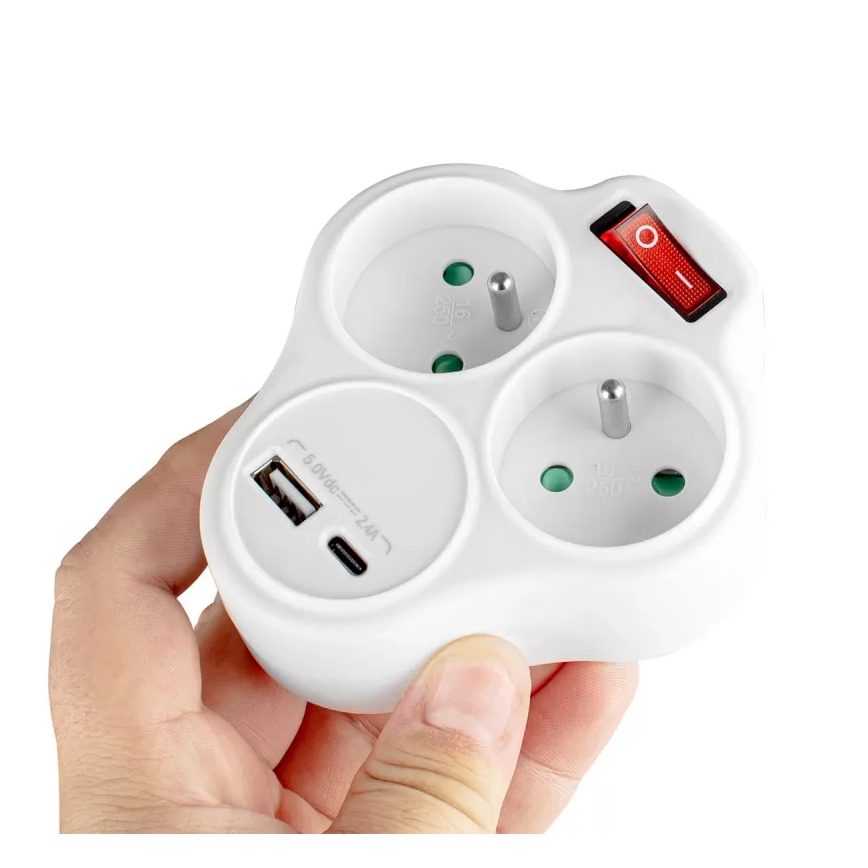 Produžni razdjelnik s prekidačem, 2 utičnice + USB-C + USB-A