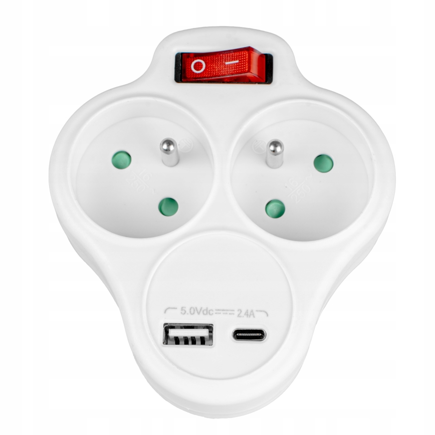 Produžni razdjelnik s prekidačem, 2 utičnice + USB-C + USB-A