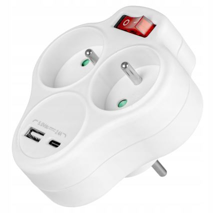 Produžni razdjelnik s prekidačem, 2 utičnice + USB-C + USB-A