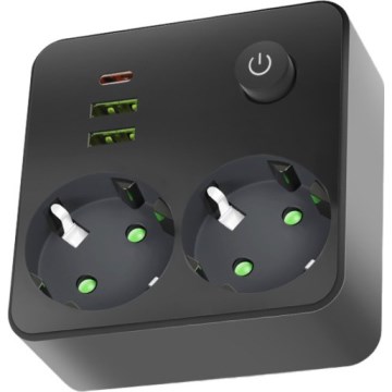 Produžni razvodnik s prekidačem LINEA 2x230V + 3xUSB A/C SCHUKO crni