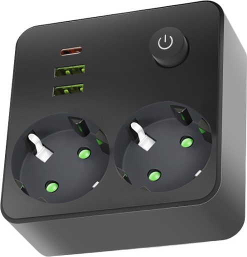 Produžni razvodnik s prekidačem LINEA 2x230V + 3xUSB A/C SCHUKO crni