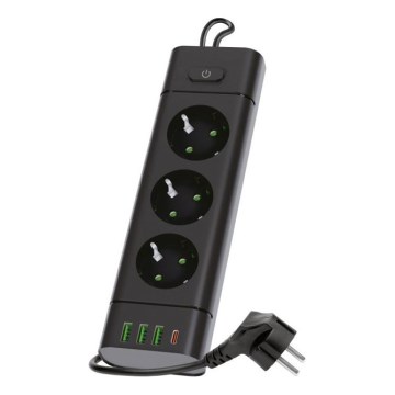 Produžnica s prekidačem LINEA PRO 3x230V+3xUSB-A + 1xUSB-C SCHUKO 1,5 m crna