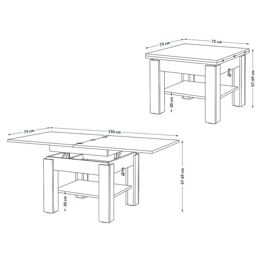 Proširivi konferencijski stol s podiznom pločom CALEB 75/150x75 cm hrast craft/crna