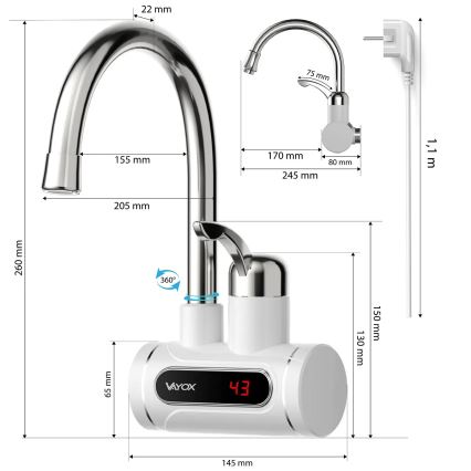 Protočni bojler s LED zaslonom 3000W/230V IPX4 bijela
