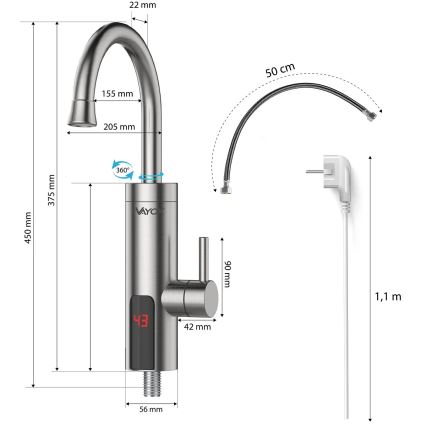 Protočni bojler s LED zaslonom 3000W/230V IPX4 nehrđajući čelik