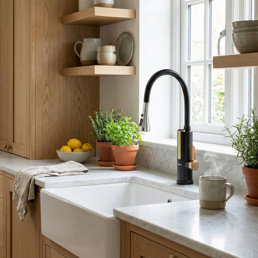 Protočni grijač vode s LED zaslonom, 3000 W/230 V, IPX4, crno-zlatni