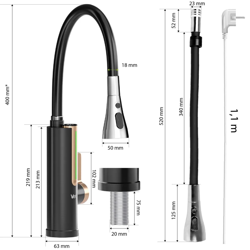 Protočni grijač vode s LED zaslonom 3000W/230V IPX4 crni