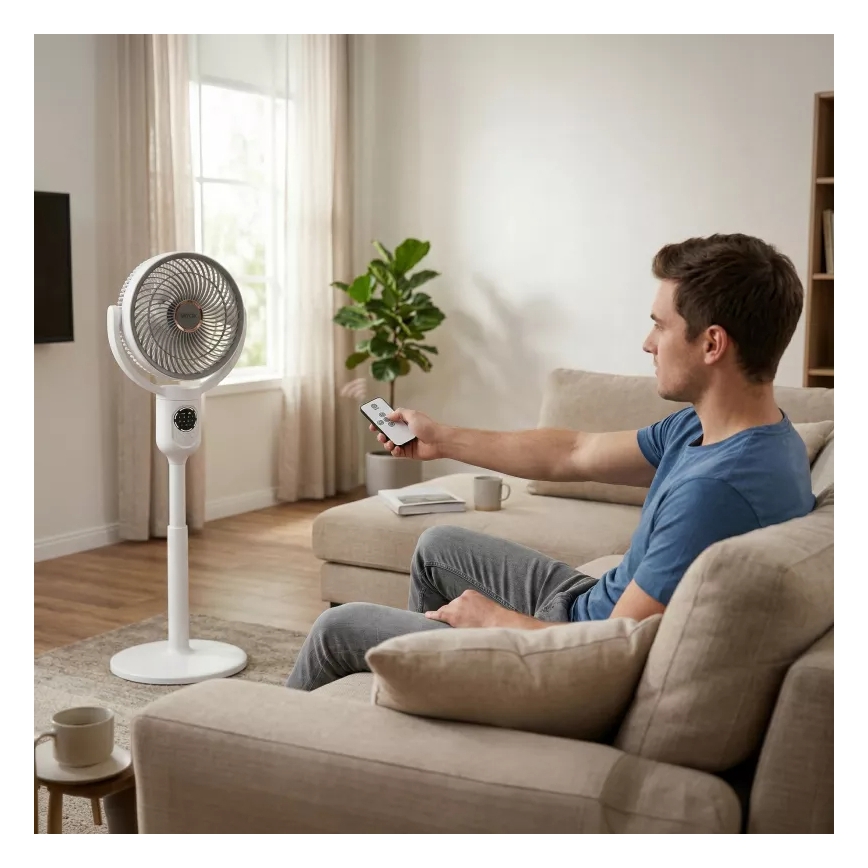 Punjivi ventilator na stalku s LED osvjetljenjem LED/4,8W/5V USB 7200 mAh, bijela + daljinski upravljač