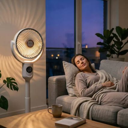 Punjivi ventilator na stalku s LED osvjetljenjem LED/4,8W/5V USB 7200 mAh, bijela + daljinski upravljač