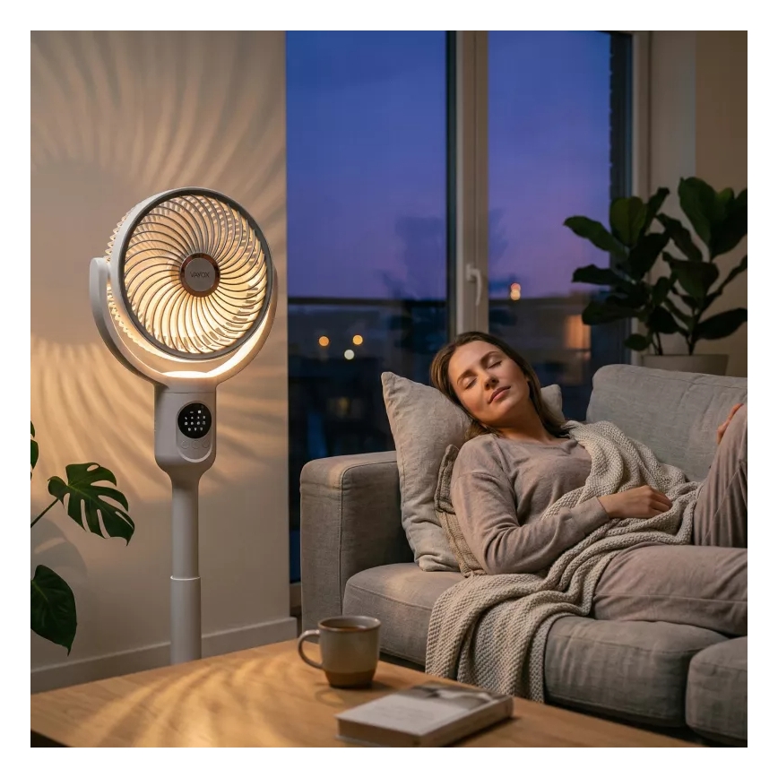 Punjivi ventilator na stalku s LED osvjetljenjem LED/4,8W/5V USB 7200 mAh, bijela + daljinski upravljač