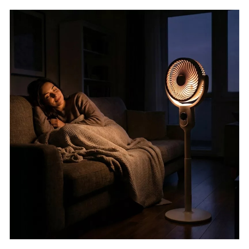 Punjivi ventilator na stalku s LED osvjetljenjem LED/4,8W/5V USB 7200 mAh, bijela + daljinski upravljač