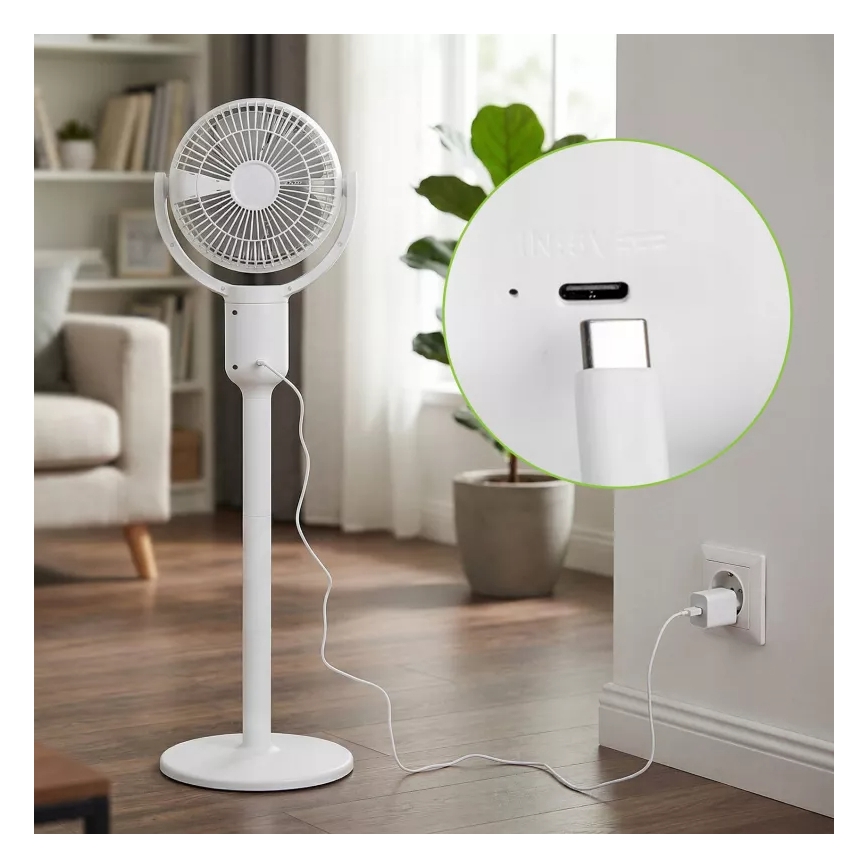 Punjivi ventilator na stalku s LED osvjetljenjem LED/4,8W/5V USB 7200 mAh, bijela + daljinski upravljač