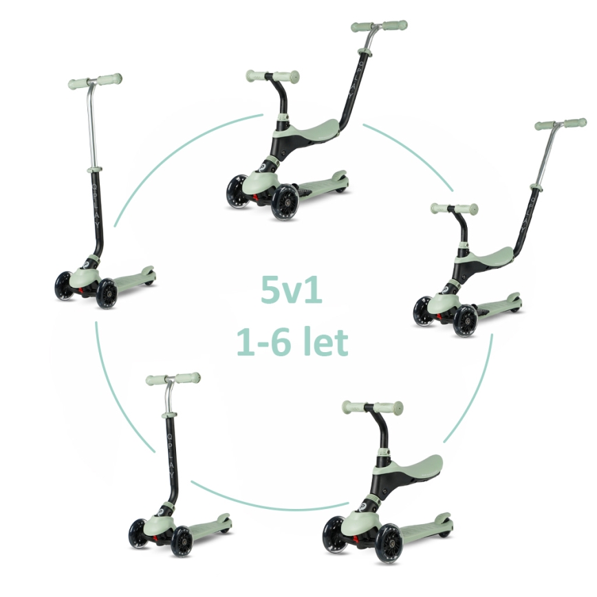 QPlay - Zeleni dječji romobil SEMA PRO 5u1 s LED kotačićima