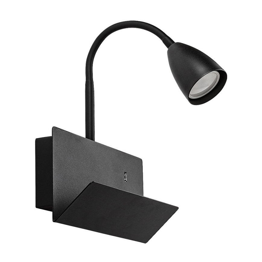Rabalux - Zidna lampa s policom i USB portom 1xGU10/25W/230V crna