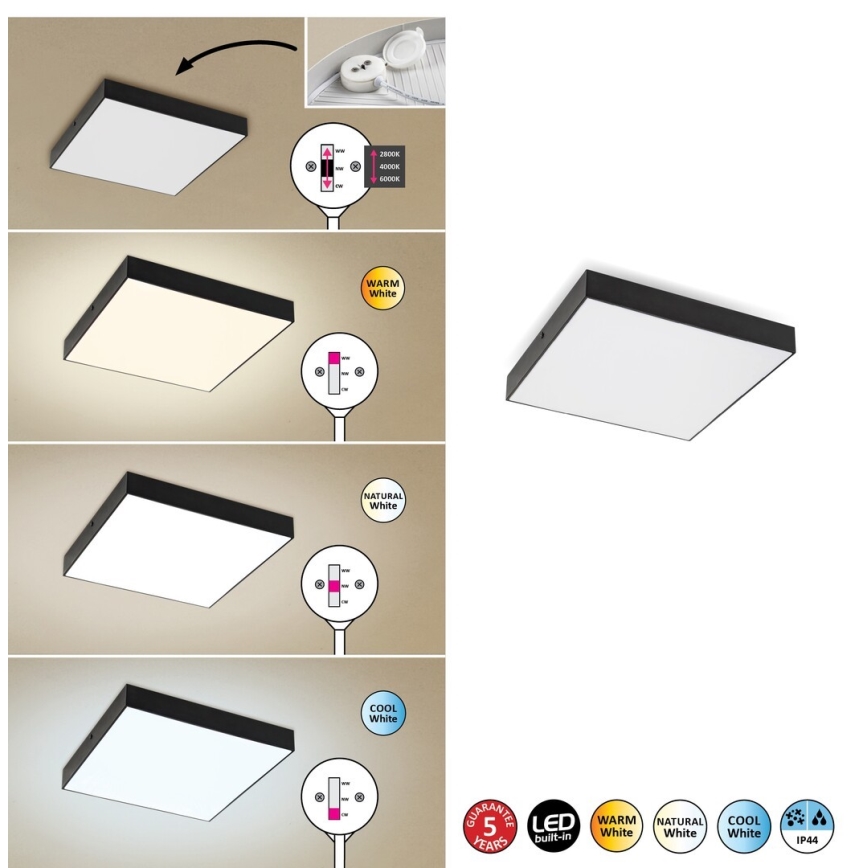 Rabalux - LED stropna svjetiljka LED/24W/230V 2800-6000K IP44 crna 30x30 cm