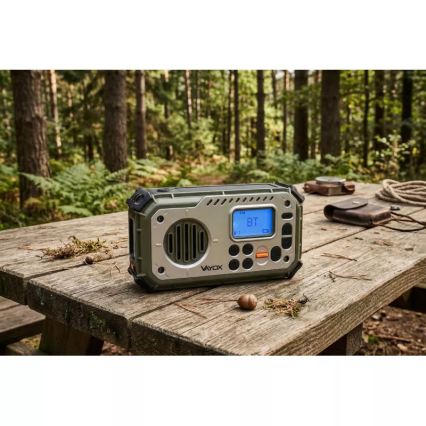 Radio za kampiranje s ručnom kurblom, solarnim panelom i LED svjetiljkom s funkcijom power banke 5V/3xAAA/2000 mAh, IPX4, zeleni