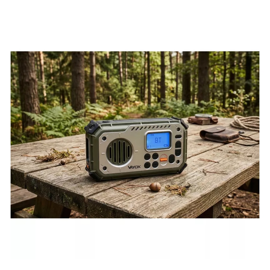 Radio za kampiranje s ručnom kurblom, solarnim panelom i LED svjetiljkom s funkcijom power banke 5V/3xAAA/2000 mAh, IPX4, zeleni