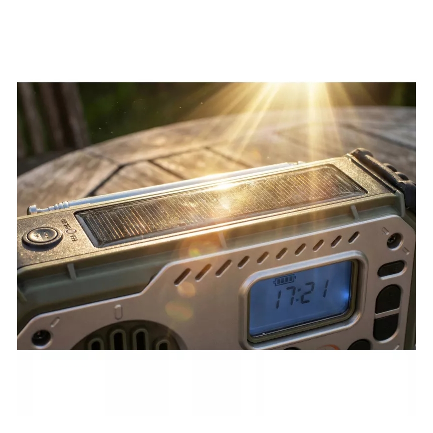 Radio za kampiranje s ručnom kurblom, solarnim panelom i LED svjetiljkom s funkcijom power banke 5V/3xAAA/2000 mAh, IPX4, zeleni