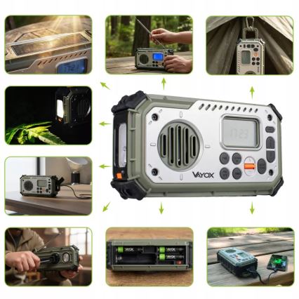 Radio za kampiranje s ručnom kurblom, solarnim panelom i LED svjetiljkom s funkcijom power banke 5V/3xAAA/2000 mAh, IPX4, zeleni
