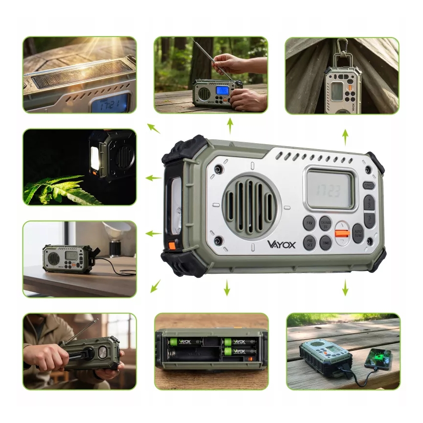 Radio za kampiranje s ručnom kurblom, solarnim panelom i LED svjetiljkom s funkcijom power banke 5V/3xAAA/2000 mAh, IPX4, zeleni