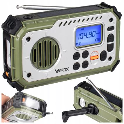 Radio za kampiranje s ručnom kurblom, solarnim panelom i LED svjetiljkom s funkcijom power banke 5V/3xAAA/2000 mAh, IPX4, zeleni