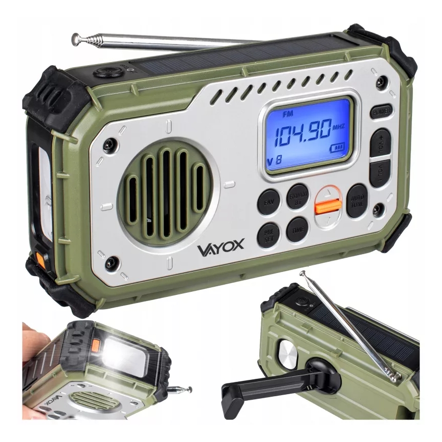 Radio za kampiranje s ručnom kurblom, solarnim panelom i LED svjetiljkom s funkcijom power banke 5V/3xAAA/2000 mAh, IPX4, zeleni