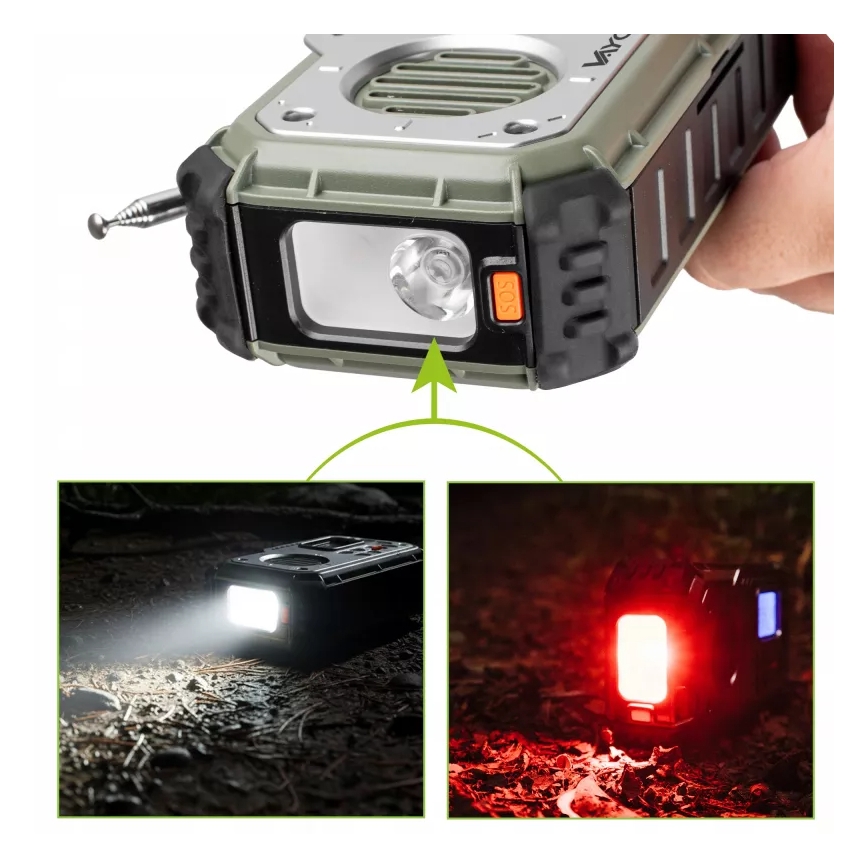 Radio za kampiranje s ručnom kurblom, solarnim panelom i LED svjetiljkom s funkcijom power banke 5V/3xAAA/2000 mAh, IPX4, zeleni