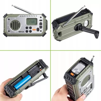 Radio za kampiranje s ručnom kurblom, solarnim panelom i LED svjetiljkom s funkcijom power banke 5V/3xAAA/2000 mAh, IPX4, zeleni