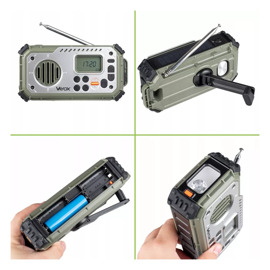 Radio za kampiranje s ručnom kurblom, solarnim panelom i LED svjetiljkom s funkcijom power banke 5V/3xAAA/2000 mAh, IPX4, zeleni