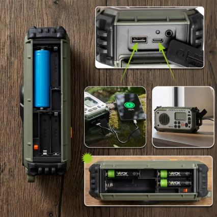 Radio za kampiranje s ručnom kurblom, solarnim panelom i LED svjetiljkom s funkcijom power banke 5V/3xAAA/2000 mAh, IPX4, zeleni
