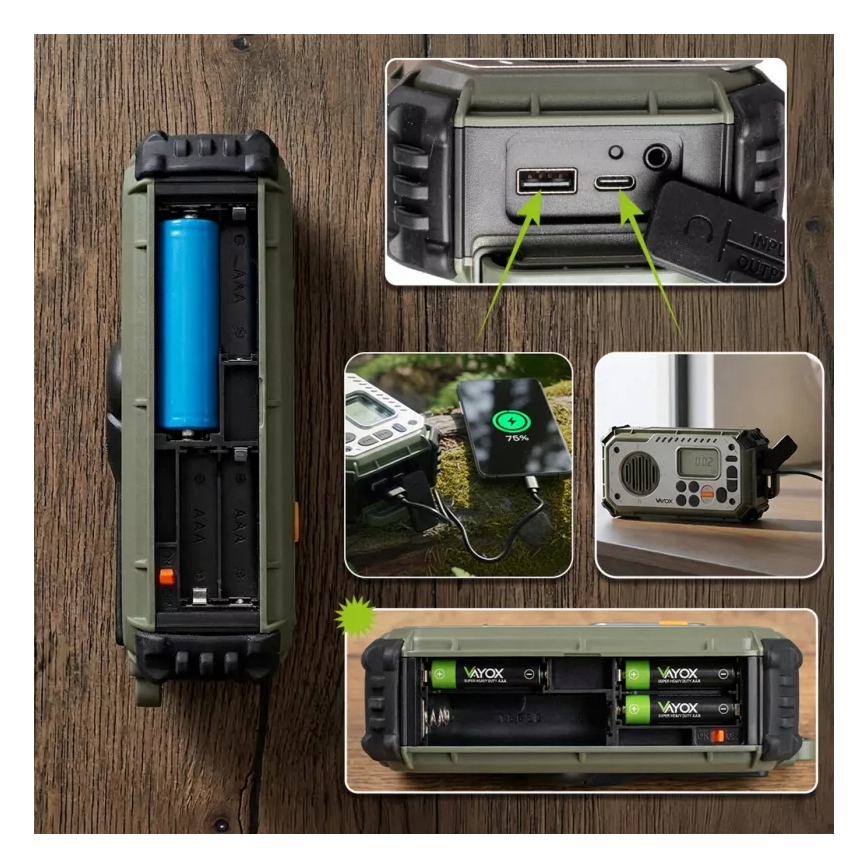 Radio za kampiranje s ručnom kurblom, solarnim panelom i LED svjetiljkom s funkcijom power banke 5V/3xAAA/2000 mAh, IPX4, zeleni