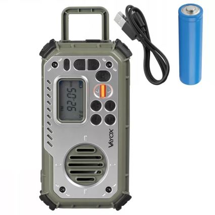 Radio za kampiranje s ručnom kurblom, solarnim panelom i LED svjetiljkom s funkcijom power banke 5V/3xAAA/2000 mAh, IPX4, zeleni