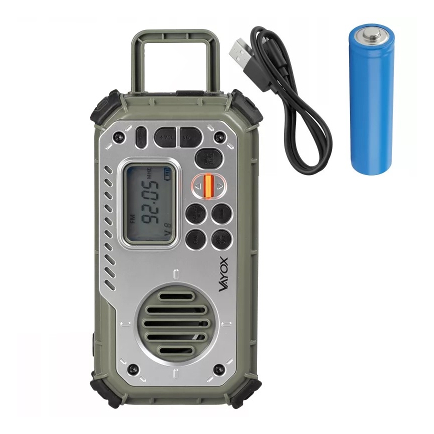 Radio za kampiranje s ručnom kurblom, solarnim panelom i LED svjetiljkom s funkcijom power banke 5V/3xAAA/2000 mAh, IPX4, zeleni