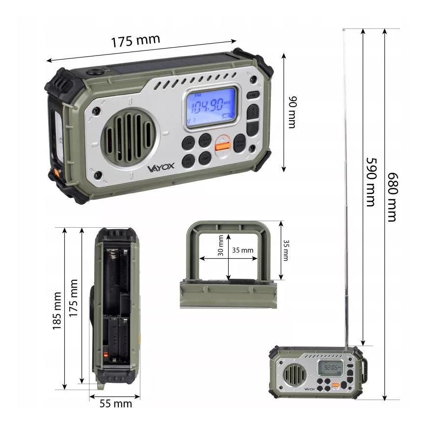 Radio za kampiranje s ručnom kurblom, solarnim panelom i LED svjetiljkom s funkcijom power banke 5V/3xAAA/2000 mAh, IPX4, zeleni