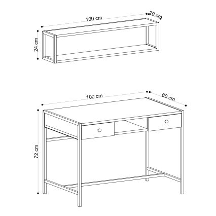 Radni stol PENA 72x100 cm + zidna polica 24x100 cm smeđa/crna