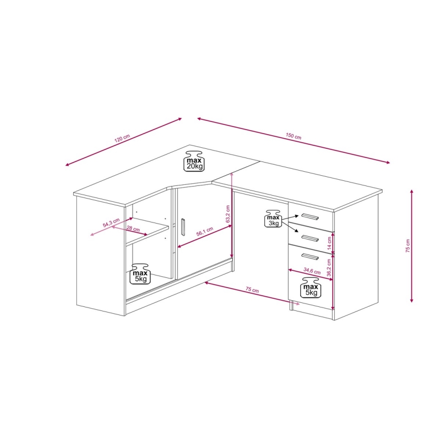 Radni stol s policom i ladicama ROBERTO, lijevi, hrast artisan/bijela