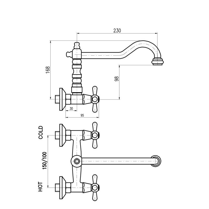 RAV Slezák MK102.5/28SM - Miješalica za umivaonik i sudoper MORAVA RETRO 16,8 cm antikni mesing