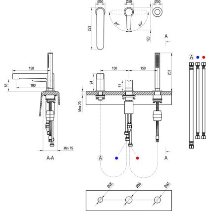 Ravak X070186 - Kupaonska baterija za kadu PURI, 3-otvorna, crna