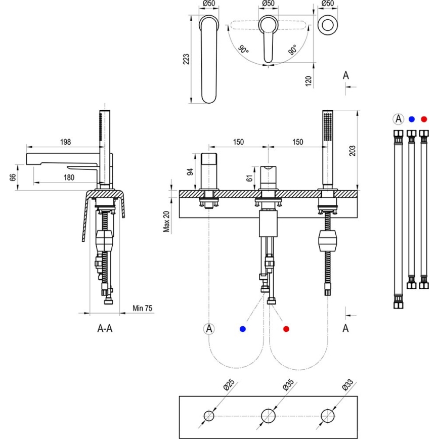 Ravak X070186 - Kupaonska baterija za kadu PURI, 3-otvorna, crna