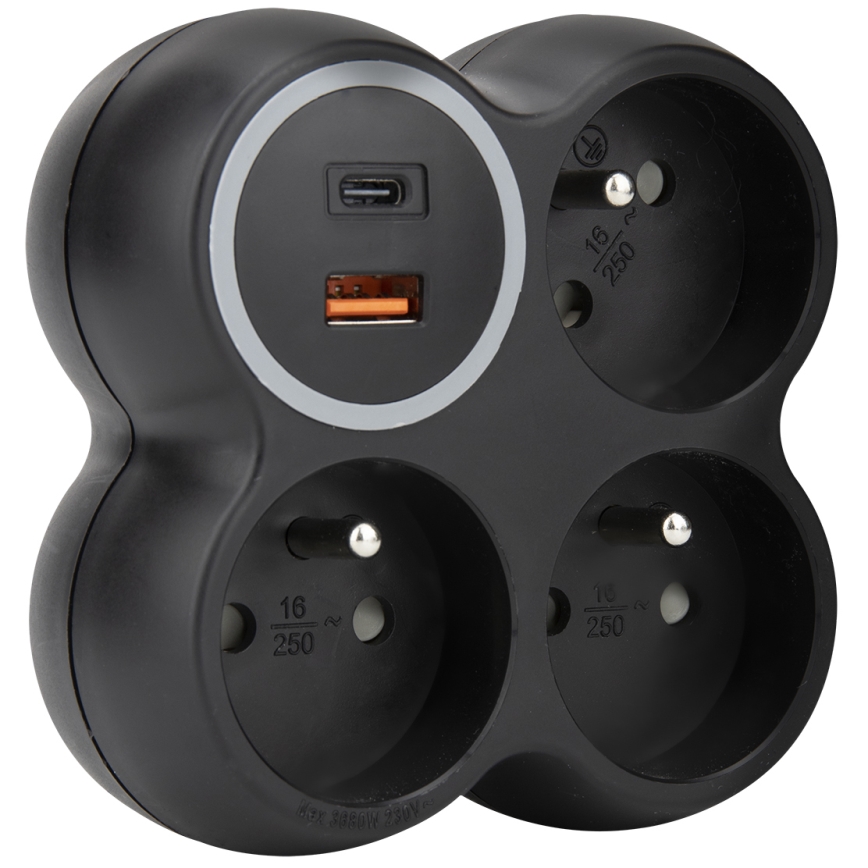 Razdjelna utičnica 3x 15A s USB A+C, crna