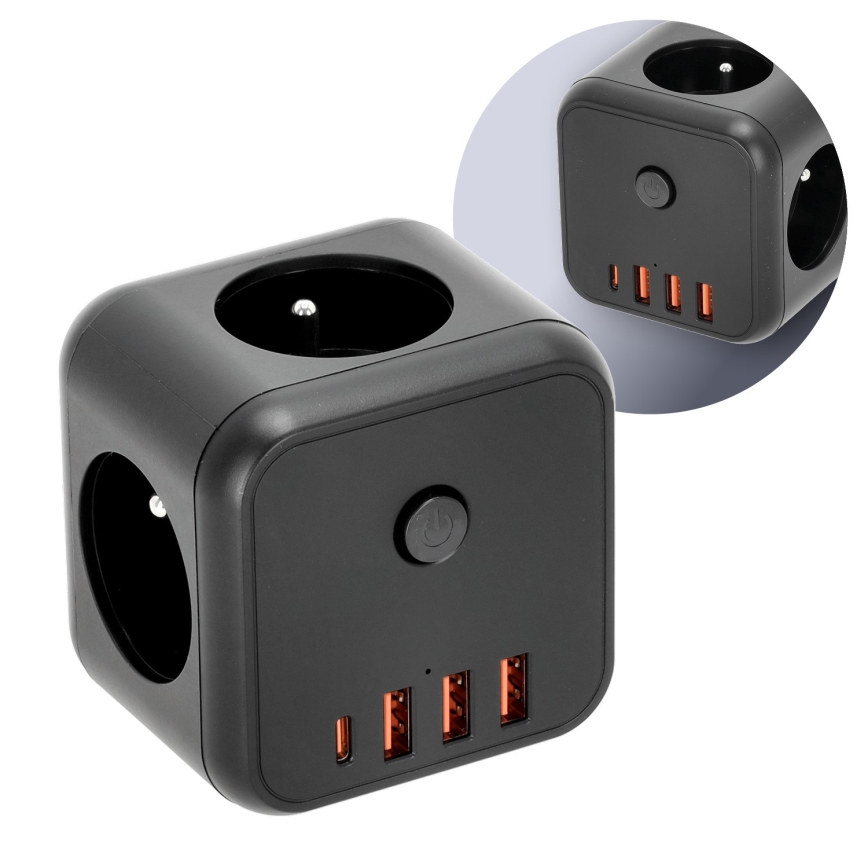 Razdjelna utičnica s prekidačem LINEA 3x230V + 4xUSB A/C crna
