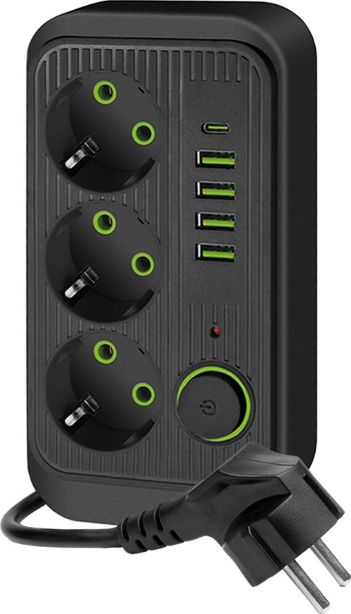 Razdjelna utičnica s prekidačem LINEA 3x230V + 5xUSB A/C SCHUKO 3 m crna