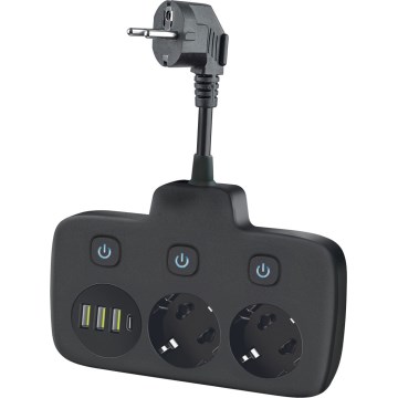 Razdjelnik s utičnicom i prekidačem LINEA 2x230V + 4xUSB A/C SCHUKO crni