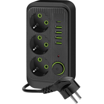 Razdjelnik s utičnicom i prekidačem LINEA 3x230V + 5xUSB A/C SCHUKO 3 m crni