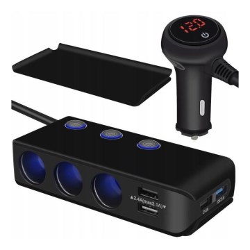 Razdjelnik za auto utičnicu 12V + 4x USB s voltmetrom 12/24V