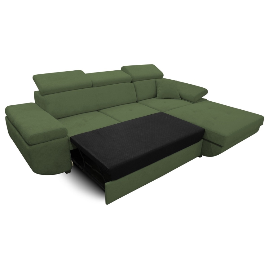 Razvlačna kutna garnitura CASTELO u obliku slova L, desna, zelena, s prostorom za pohranu