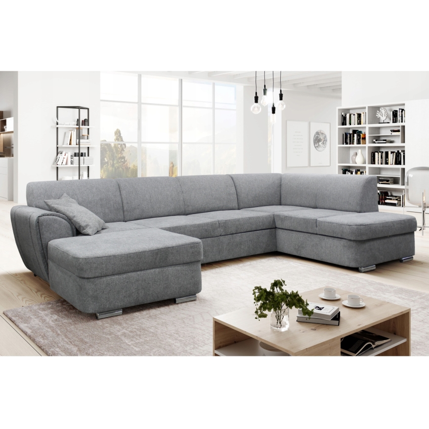 Razvlačna kutna garnitura u obliku U SERPA, desna, siva, s prostorom za pohranu