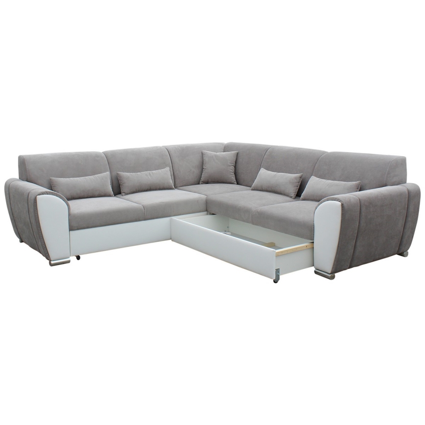 Razvlačna kutna garnitura VISEU u obliku slova L, desna, s prostorom za pohranu, siva/bijela